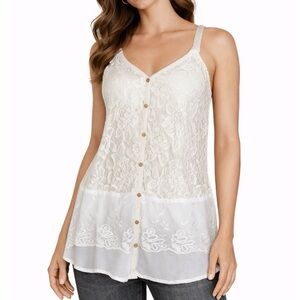 Rewind oatmeal colored tank top blouse lace overlay SZ M